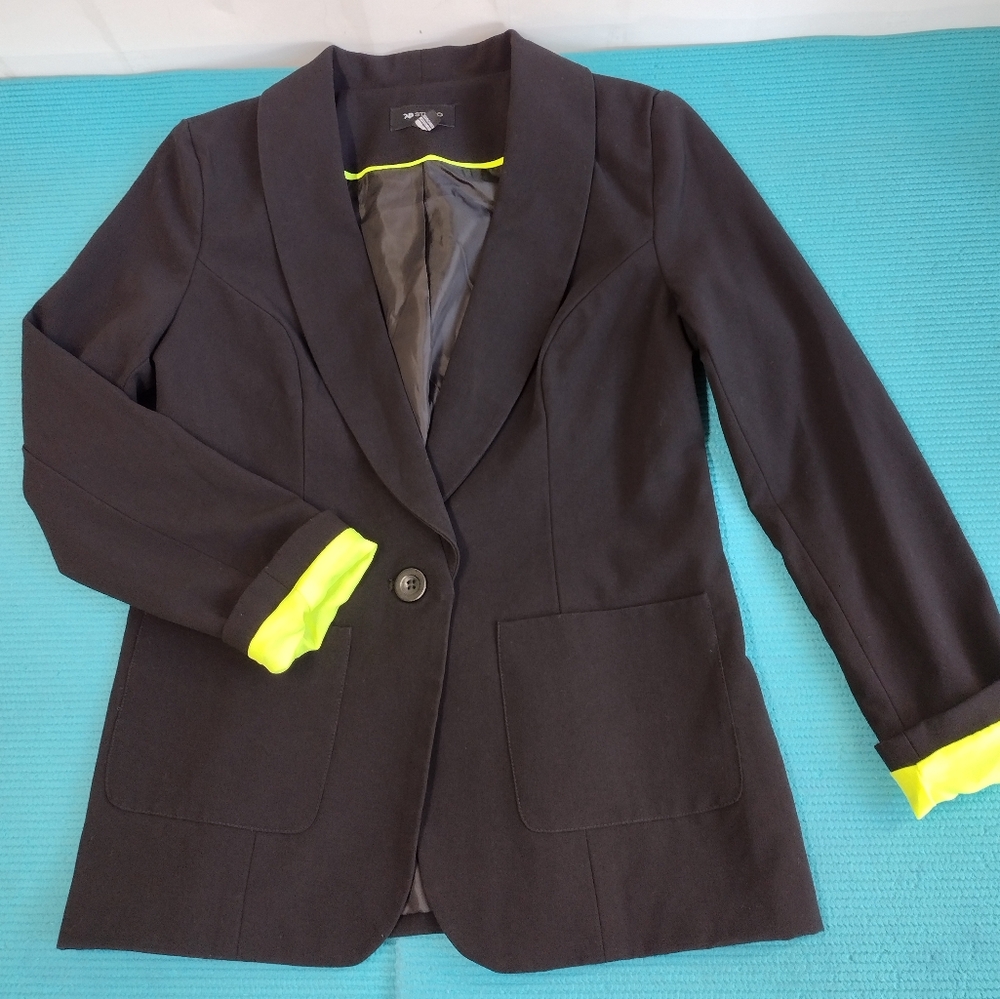 AB Studio Women One Button Lined Blazer - Black Green Cuffs Size 8